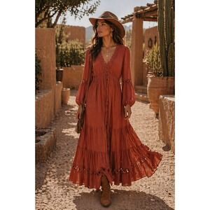 A Collective Story NWT Boho Lace Trim Tiered Maxi Dress Terracotta M